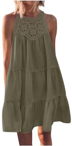 Y2K Vintage-Midikleid für Damen, Rundhalsausschnitt, schwingend, gerüscht, ärmellos, einfarbig, lockere Passform, ausgehöhlt, Spaghettiträger, Spitzenstickerei, Retro-Minikleid, Sommerkleid, Army