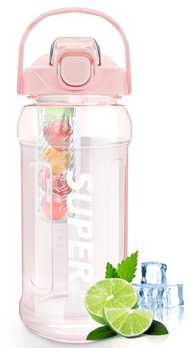 Trinkflasche, 1350ML Wasserflasche mit Filter BPA-Frei, Trinkflasche Sport Auslaufsicher mit Strohhalm, Sportflasche für Familien Schulen Büros Bergsteigen Fahrrad Camping Rosa