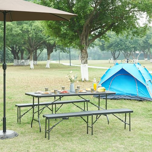 [en.casa] Klapptisch Mark Gartentisch Campingtisch klappbar 180 x 75 x 72 cm tragbar rechteckig Picknicktisch Outdoor Rattanoptik, Schwarz