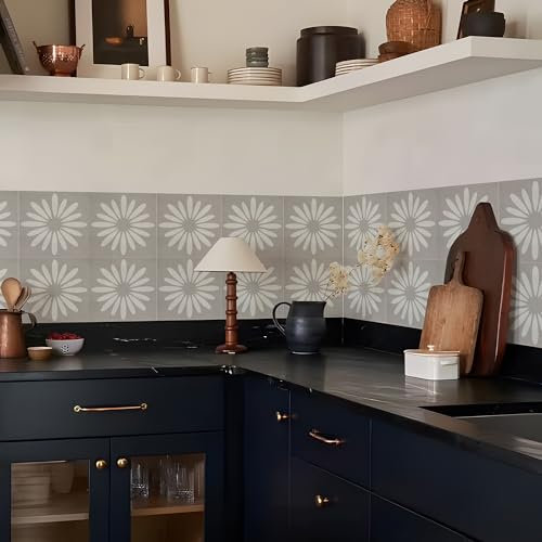 Alwayspon Tile Sticker, Gray White Floral Self Adhesive Stick on Tiles Transfer Sticker for Bathroom Kitchen, Splashback, Peel and Stick Vinyl Floor Wall Tiles Sticker, 10PcsX15cm/6inch