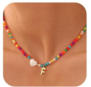 TINGN Bunte Perlenkette Damen - Buchstaben Kette Bunt Schmuck Mädchen Halskette Mädchen Boho Ketten Damen Halskette mit Buchstaben F Personalisierte Kette Teenager Kinder Geschenke 9,11,12 Jahre