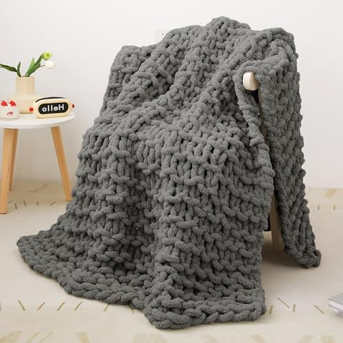 Chunky Knit Blanket, Chunky Knit Strickdecke Grob Soft Throw Blanket, Cozy Cable Knit Blanket 100% Hand Armstricken Wolle Crochet Blanket Dicke Wolle Sofa Bed Weighted Thick Woven -Dark Grey 40x50in