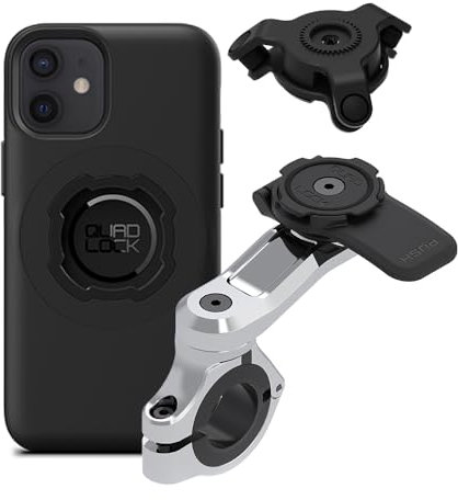 Quad Lock Motorcycle Handlebar Phone Mount PRO Chrome Kit with Vibration Dampener and iPhone 12 mini MAG Case