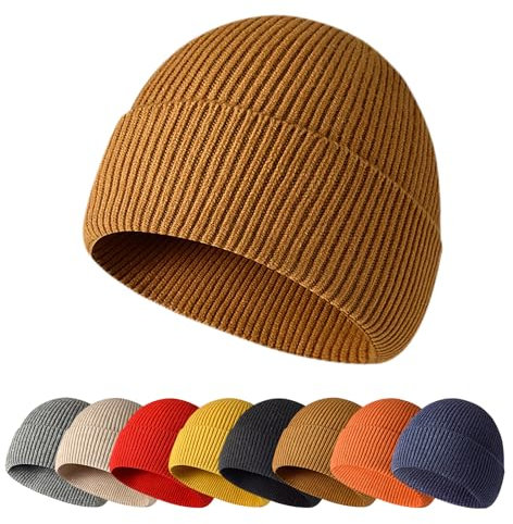 Enwokran Wintermütze Strickmütze Einteilig Nahtlos, Unisex, Dehnbar Stretch Bequem Atmungsaktiv Beanie Mütze Roll up Edge Cuffed Schädeldecke Fisherman Hut (Braun)
