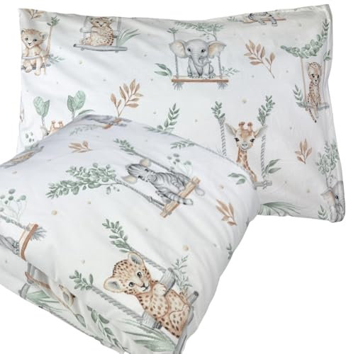 Kinderbettwäsche 100x135 + 40x60 | 100% Baumwolle Weiche & Farbenfrohe Bettwäsche für Babys | Mädchen & Jungs | Hochwertiges Set mit Reißverschluss YKK Kissenbezug | Schönes zartes Muster - Safari