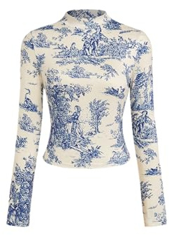 CIDER Women's Floral Knitted Long Sleeve Mock Neck Going Out Slim Fit Tops Fall Outfits Trendy Clothes, Blue, M