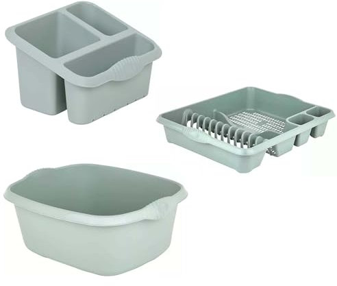 Set of 3 Plastic Rectangular Large Sink Tidy, Washing Up Bowl & Dish Drainer Kitchen Sink Plate Rack Holder, Counter Top Shelf Organiser | 3 PCS Set (Sage)