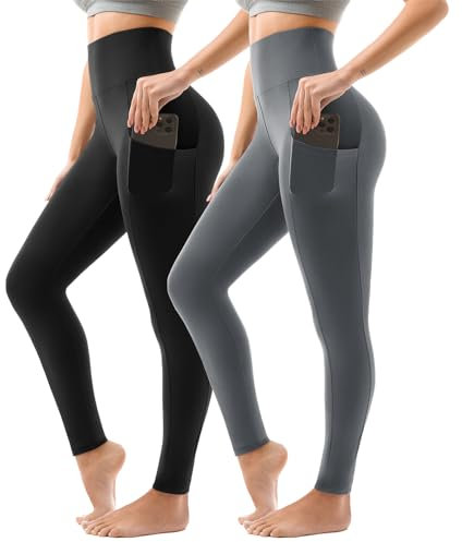 Sanpetix Sport Leggings Damen High Waist, Sporthose Damen Lang Mit Taschen Für Gym Yoga 2er Pack LXL Schwarz/Grau