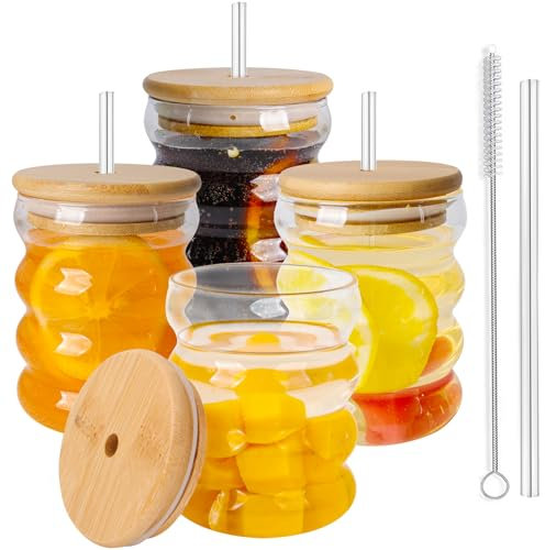 BELICOO 4 Stück Geriffelte Trinkgläser mit Glasstrohhalmen, 320ml/11oz Eiskaffeegläser mit Deckel und Strohhalm, Wellen-Gläser, Longdrinkgläser, Trinkgläser in Dosenform, Iced Coffee Glas, Cocktails