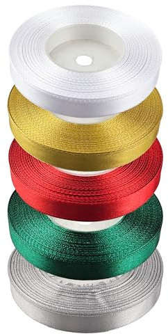 Netuno 5x Ruban de satin Blanc Or Rouge Vert Argent – 12 mm x 32 m ruban cadeau, ruban cadeau ruban pour nœud emballage ruban en tissu bijou rouleaux de satin cadeaux déco Noël ruban pour nœud