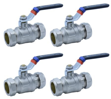 4 x Ball Valve Black Full Bore Lever Compression, 15mm, 22mm and 28mm, Chrome Plated Brass BVL22B (22mm, Four Pack)