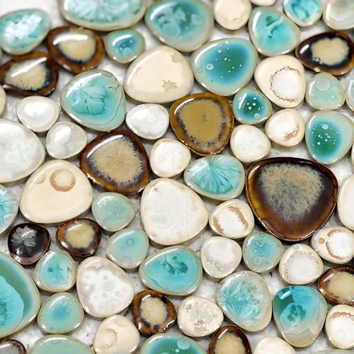 Hominter Pebble Porcelain Mosaic Glossy Mixed Aqua, Cream & Brown Glazed Ceramic Tile for Bathroom, Shower Floor, Accent Wall, Spa Decor (5 Square Feet)