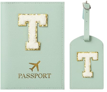 ZVRSUA Reisepasshülle und Kofferanhänger mit Buchstabe T,Passport Hülle, Hülle Reisepass,Ausweismappe, der Pass, Kofferanhänger für Kreuzfahrten und Flugreise,Geschenk für Damen/Teenager/Kind(Grün T)