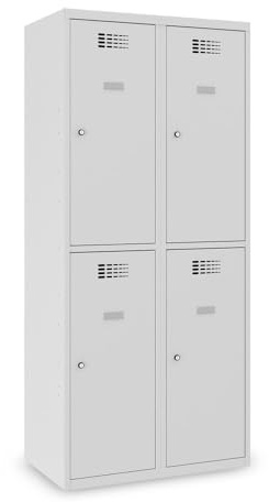 Steinbock Spind 4 Fächer | H180xB80xT50 cm | Lichtgrau | Zylinderschloss mit 2 Schlüsseln | Metallspind inkl. Kleiderstange, Kleiderhaken, Namensschild | Schließfachschrank