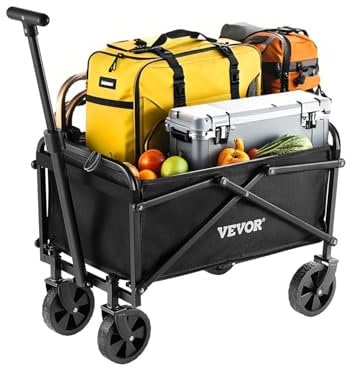 VEVOR Chariot de Jardin Pliable, 80 L, Chariot de Transport Utilitaire Portable Robuste 90,72 kg, avec Roues Tout-Terrain, Poignée Réglable, pour Extérieur, Camping, Plage, Épicerie, Jardin, Noir