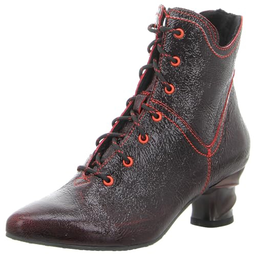 Simen Damen Schnürstiefelette in Schwarz aus Echtleder mit Lack, Knitteroptik und Akzente in Rot. schwarz/rot