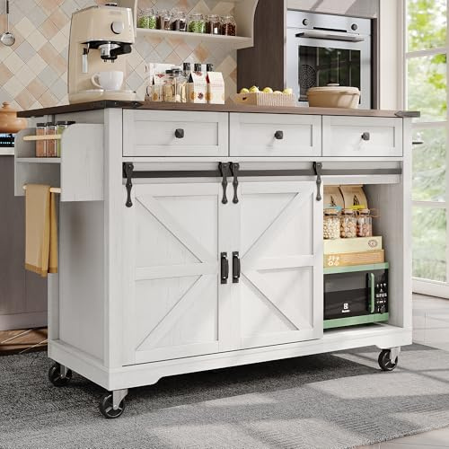 ModernLuxe Kitchen Island on Wheels, Versatile Kitchen Cabinets with Spacious Storage Space and Extendable Worktop, Elegant Wood Grain Sideboard with 2 Sliding Doors and 3 Drawers, White, 140x45x94cm