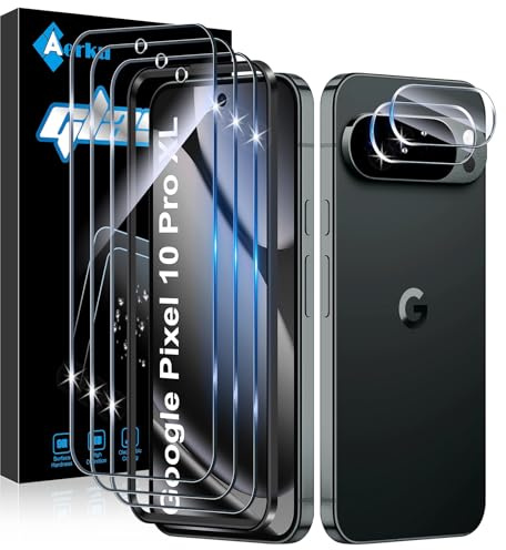 AerkuProtector de Pantalla para Google Pixel 10 Pro XL & Protector Cámara | 3x Cristal Templado & 2x Protector de Lente de Cámara, 9H Anti-Rayones, 0,33mm Ultrafino, HD 99,9%, Instalación Sin Burbujas