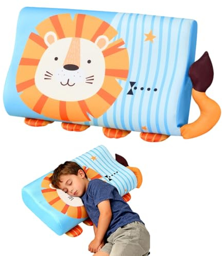 RANJIMA Schlummerkids Kinderkopfkissen Memory Foam, Atmungsaktives Ergonomisches Kissen mit niedlichem Löwen-Motiv orthopädisches Nackenstützkissen für Babys Kleinkinder Kinder