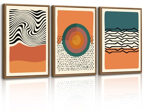 WENGTIAO Vintage Leinwand Bilder mit Rahmen, Boho Abstrakt Wandbilder | Minimalistisch Orange Block Linien Gerahmte Kunstdrucke auf Leinwand für Moderne Wohnzimmer Schlafzimmer Wanddeko 30x40cmx3