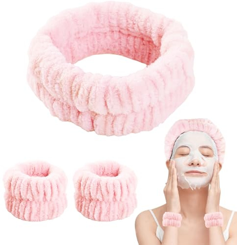 Bighan Set de Bandeau et Bracelets de Lavage de Visage, Poignets de Maquillage Absorbants, Bandeau de Soin Elastique pour Lavage du Visage, Rose