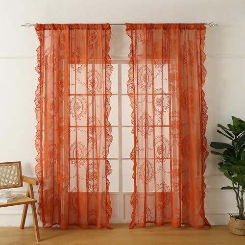 Fmorgen Französische Spitzenvorhang Durchlässig Spitzenvorhang, 2 Stück Spitzengardinen Gardinen Vintage-Fensterbehandlung Ösenvorhang für Wohnzimmer Schlafzimmer (Orange-140x100CM)