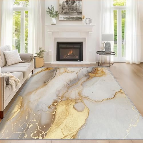 Generisch Teppich Wohnzimmer Weiß Gold Marmor, Teppich Fluid Art Moderne für Schlafzimmer 160 x 230 cm, Weicher Waschbarer Antirutsch Kurzflor Dekoration Carpet P-&8
