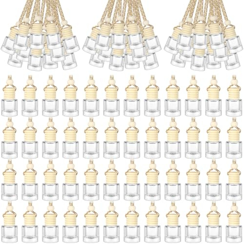 100Pcs Hanging Car Diffuser Bottles Bulk, Empty Clear Glass Essential Oil Air Freshener Diffuser Refillable Perfume Holder with Wooden Cap for Fragrance Pendant Thank You Gifts (Cylinder, 8 ml)