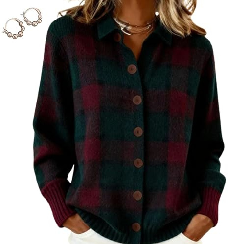 Women's Plaid Print Casual Cotton Buttoned Cardigan Sweater, V Neck Button up Plaid Knitted Cropped Cardigan Sweater (Style K,L)