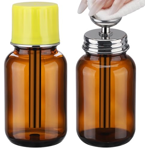 2PCS 4Oz / 120ml Amber Glass Dispenser Bottles with Lid for PFA/LDPE | Acetone Dispenser Pump for Industry, Push Down Glass Alcohol Bottle with Copper Core, Empty Refilllable Liquid Container