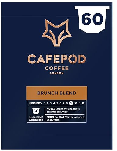 CafePod Lungo Coffee Pods - Compatible with Nespresso Coffee Machine, Intensity 9 with Chocolate Caramel Brownie Notes - Rainforest Alliance Sourced - Brunch Blend 60 Capsules