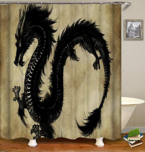 Chickw1 Dragon Rideau de Douche Résistant à l'eau Anti-moisissure Lavable Tissu en Polyester Rideaux de Salle de Bain avec 12 Crochets 3D Impression Décor (Dragon Noir,180x200cm)