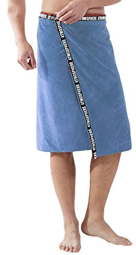 Men’s Bath Wrap Towel Soft Cozy Water Absorbent Shower Bathing Towel Cover Up Bathrobe Adjustable Snap on Closure for Home Gym Spa Beach Pool Sauna (Blue)