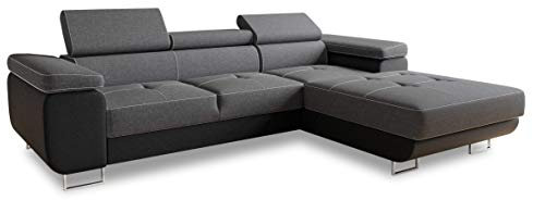 Ecksofa Divo mit Schlaffunktion, Bettkasten und Kopfteilverstellung, Polsterecke, Wohnlandschaft, Sofagarnitur, Couch, Sofa, Federkern (Schwarz + Dunkelgrau (Soft 011 + Sawana 05), Ecksofa Rechts)
