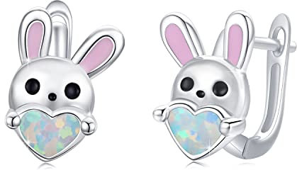 Mädchen Creolen Ohrringe 925 Sterling Silber Opal Bunny Ohrringe für Damen Kleine Creolen Hase Ostern Geschenke für Kinder Mädchen