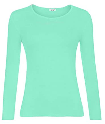 KATSSI Women’s Ladies Long Sleeve Stretch Plain Round Scoop Neck T Shirt Top XL Mint Green