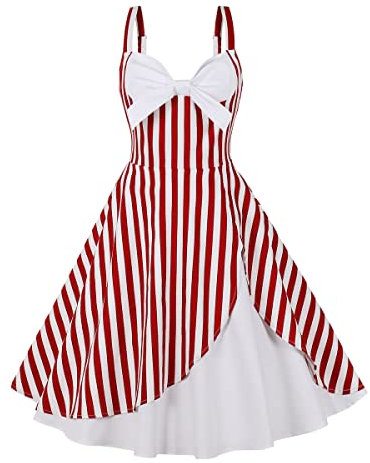 Robe Année 50/60 Femme Vintage Robe Rockabilly Pin Up Retro Rayures/Carreaux/Fleurs sans Manches Bretelles Réglables Décolleté en Cœur Soirée Fête Cocktail Mariage Swing A-Ligne Midi Rouge+Blanc M