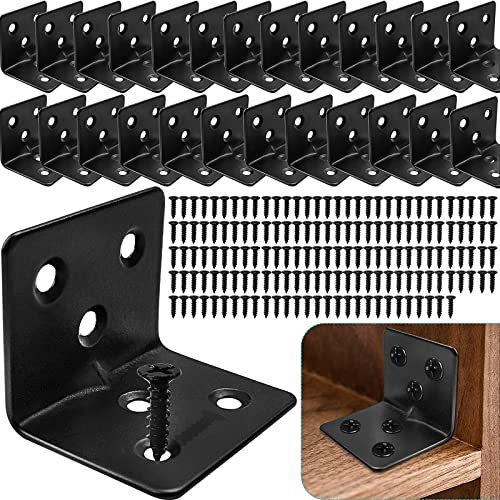 26PCS Black L Corner Brackets for Wood + 156PCS Screws, Stainless Steel Corner Braces Metal Small L Brackets for Shelves, Heavy Duty Angle Brackets for Raised Bed Table Leg Bed Frame Cabinet