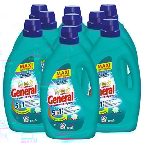 9x detersivo liquido General Freschezza+Igiene 5in1 per Lavatrice 60 Lavaggi - 9 Flaconi da 2,7L ciascuno