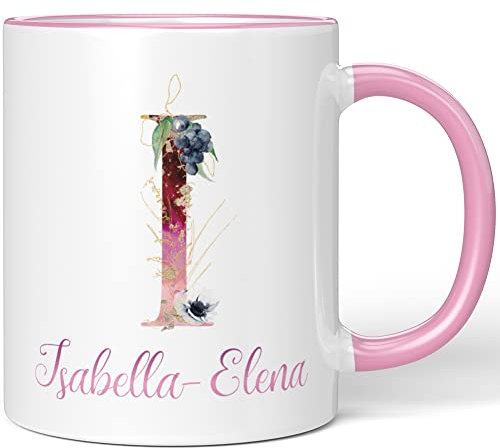 JUNIWORDS Tasse, Isabella-Elena, Name Anfangsbuchstabe Initial Alphabet Floral Buchstabe I Monogramm Motiv, Rosa (5514500)