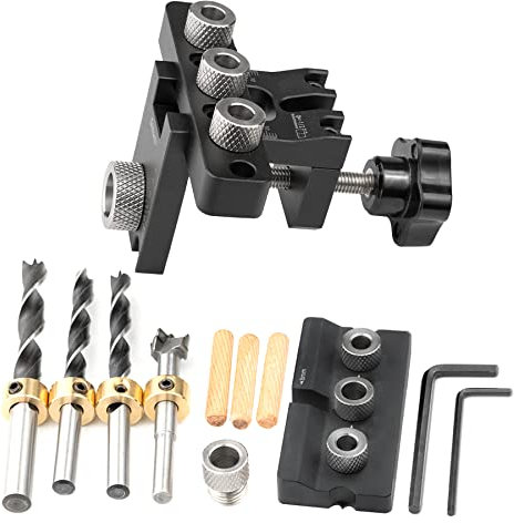 3-in-1 Dübellehre Bohrschablone Kit, 8/10/15mm Pocket Hole Jig Kit mit Positionierungsclip, gerade Bohren in Holz, Metall u. v. m, Dübelbohrlehre (3-in-1 Stanzer + Dübelstanzer)