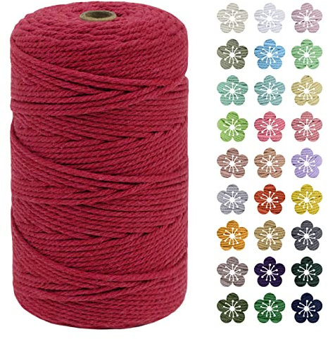 LEREATI Corde Macramé 3mm x 200m, Fil Macramé Coton Corde Naturelle Cordelette Ficelle, Macrame Cordon pour Bricolage Tissage, Rideau, Porte Plante mural, Artisanat, Décoration Bohème (Rouge)