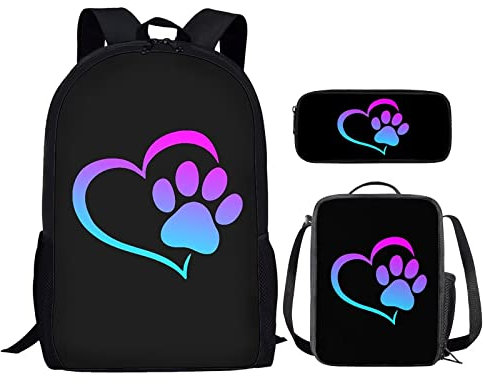HELLHERO Dog Paw Print School Backpack for Kids Boys Girls 3 IN 1 School Bag Set with Lunch Box Pencil Case Preschool Kindergarten Elementary Bookbag Travel Holiday Hiking Rucksack