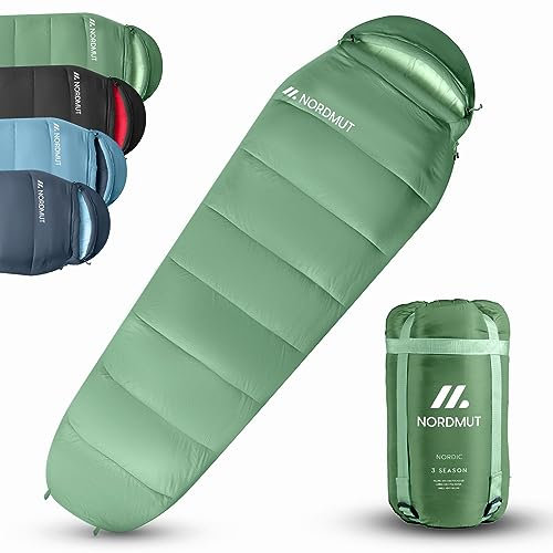 NORDMUT® Schlafsack Erwachsene – kleines Packmaß & Ultraleicht (900/1500g) – 3-Jahreszeiten (250 GSM) & Sommerschlafsack (100 GSM) – Mumienschlafsack für Camping, Outdoor & Festivals