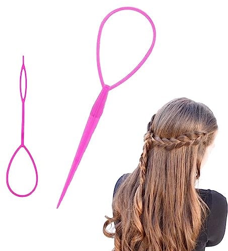 2 Pcs Ponytail Pull Through Hair Hoop Tool, Braiding Tool topsy tail hair tool, Hair Pull Through Tool, PonyTail Hair Tool, Hair Braiding Tools Hair Looping Tool Styling Maker For Women Girls(Pink)