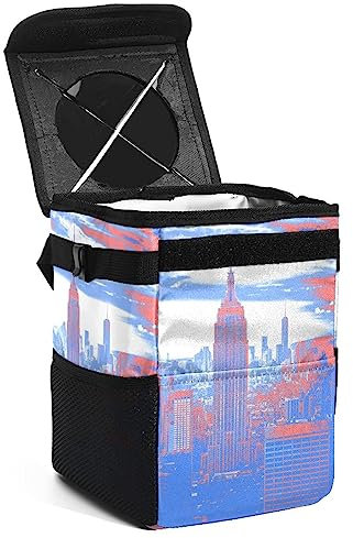 KQNZT Auto-Mülleimer, wasserdichter Mülleimer/Beutel mit Deckel, auslaufsicherer Mülleimer, hängender Auto-Mülleimer,New York City Art Landschaft blau