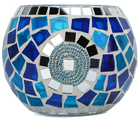 Belupai Mosaik-Teelichthalter aus Glas, Handgefertigt, Romantischer Teelichthalter aus Glas, Kleine Votiv-Kerzenhalter in Blau und Grün für Tischdekoration, Hochzeit, Heimdekoration
