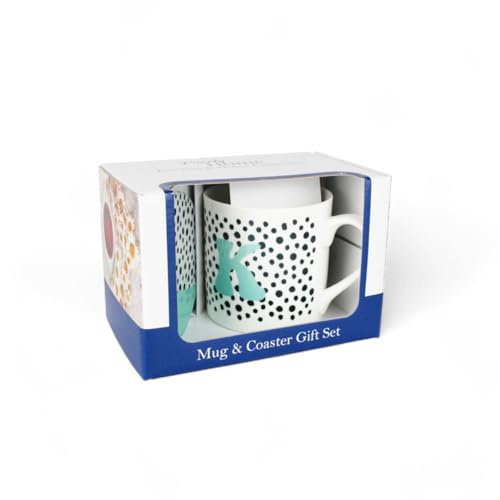 Purely Home Spotty Letter K Mug & Coaster Gift Set - Polka Dots Alphabet Initials Bone China Mug and Glass Coaster Set - Tea/Coffee Present
