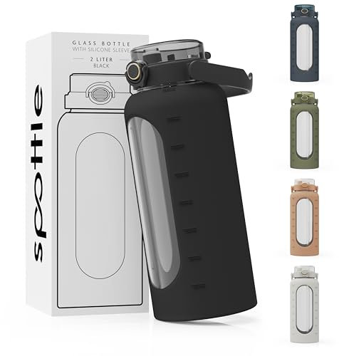 spottle Botella de Agua de Vidrio 2 Litros – Botella Grande con Pajita y Funda de Silicona – A prueba de fugas, Apta para Lavavajillas, Libre de BPA (Negro, 2000 ml)