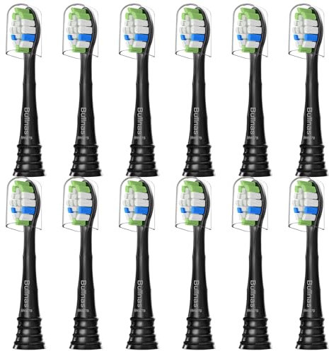 Bullnas Ersatzbürstenköpfe kompatibel mit Philips Sonicare ProtectiveClean 6100, 5100, 4100 elektrische Zahnbürste, W-Zahnbürstenkopf für Sonicare 6062/95, Schwarz, 12 Stück
